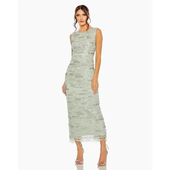 Mac Duggal NEW Sage Green Sleeveless Crystal Fringe Column Dress $698‎ - Size 14 - Picture 2 of 15